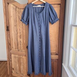 Neuflora | A-Line Ruffle Hemmed Blue Window Pane Button-Down 100% Cotton Dress